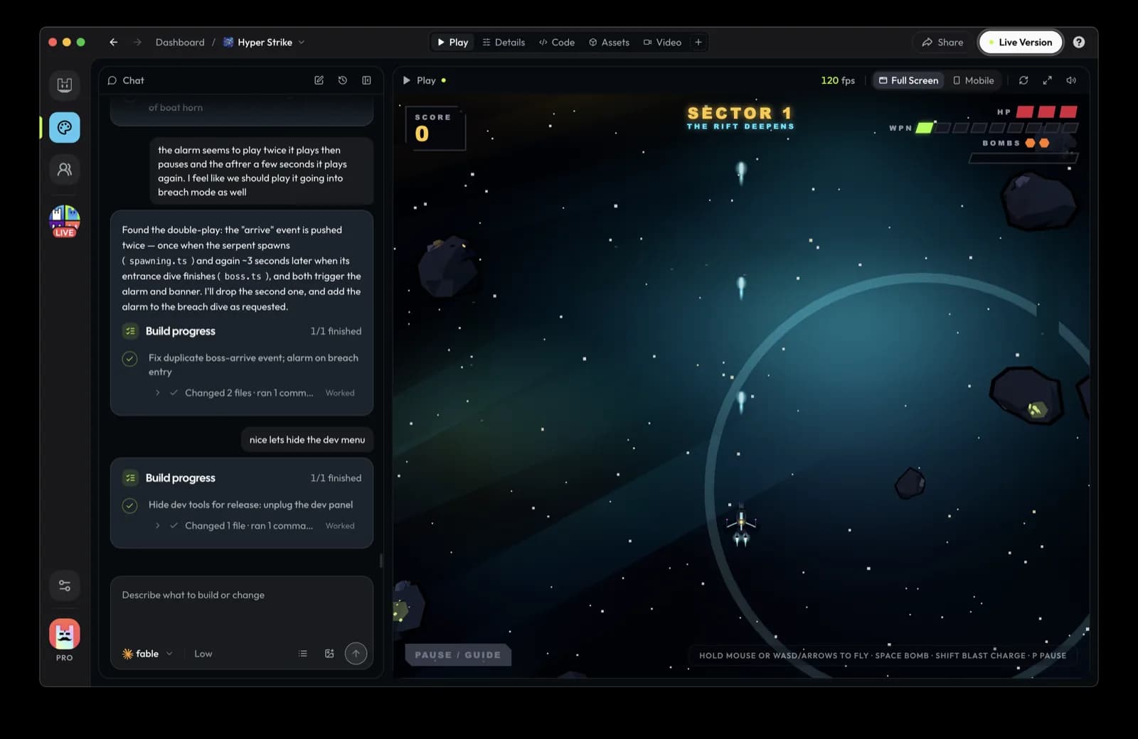 Creating a game with an AI agent in Remix Desktop